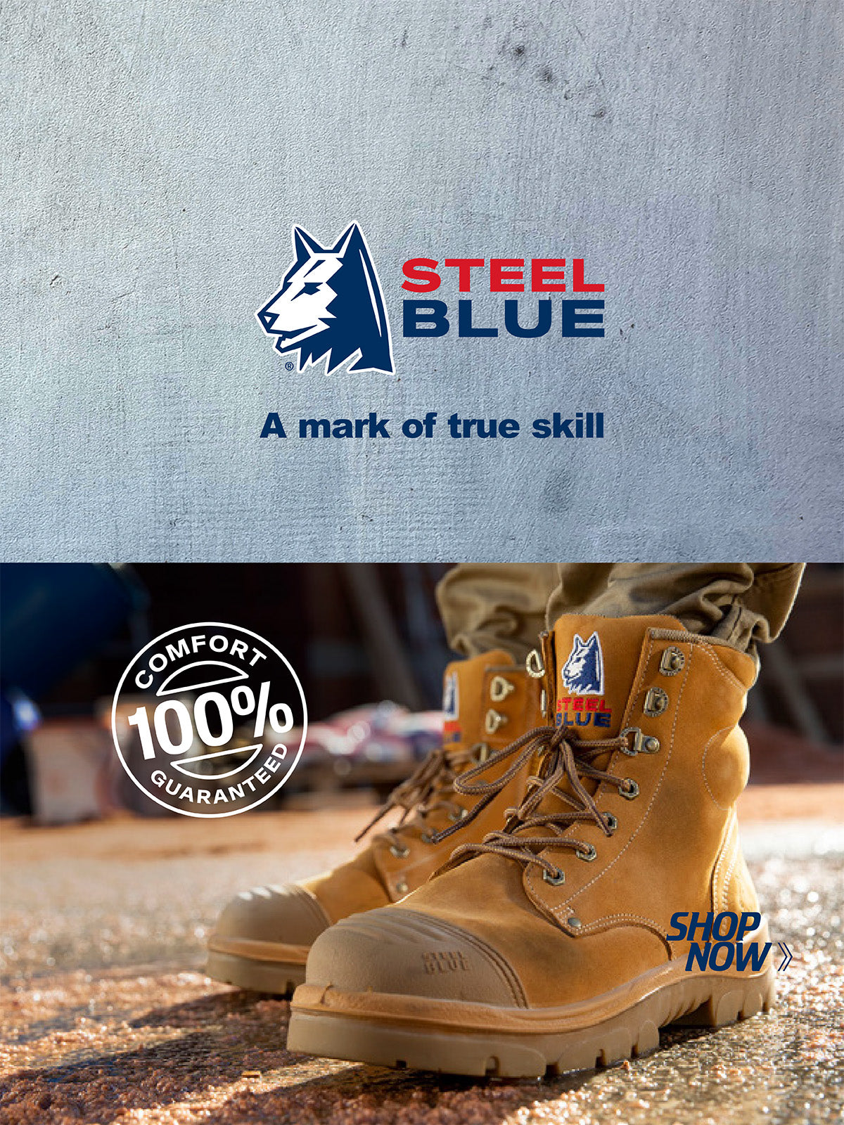 Steel Blue safety footwear mobile advertisement.